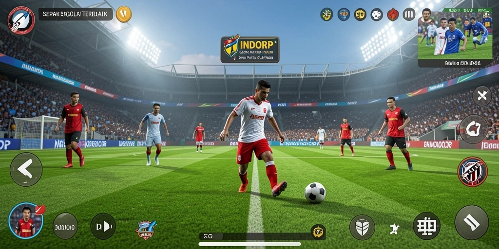 Tangkapan layar gameplay <strong>INDORP</strong> menampilkan aksi mendebarkan dalam pertandingan sepak bola.