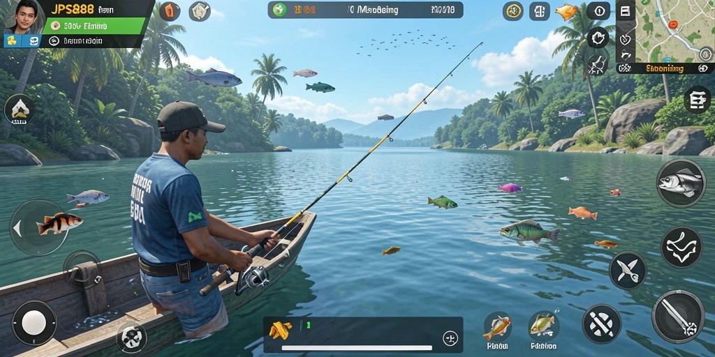Tampilan gameplay JPS888 saat menangkap ikan besar di laut.