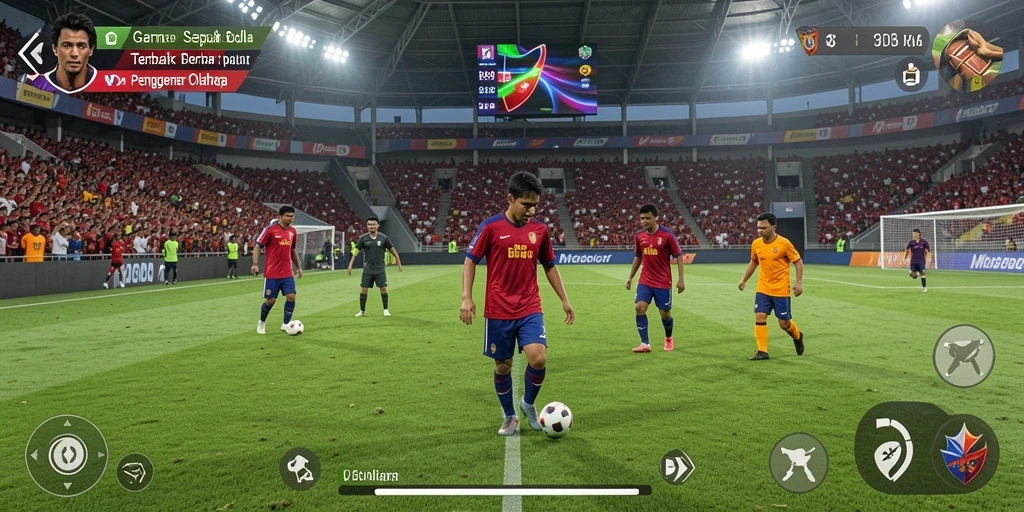 Tampilan aksi seru dalam gameplay sepak bola MPO08.