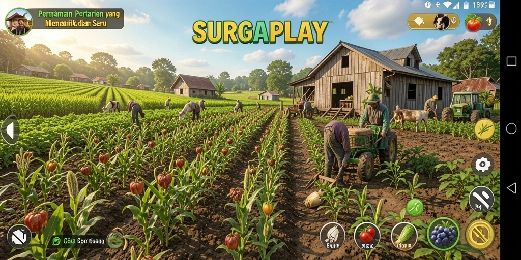 Screenshot gameplay SURGAPLAY yang menunjukkan aktivitas bercocok tanam yang seru.